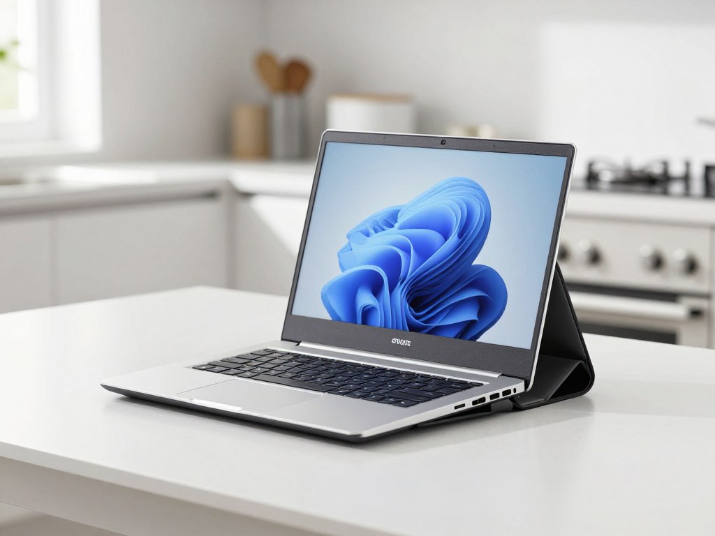 2-in-1 laptop omgeklapt in tentstand op een tafel