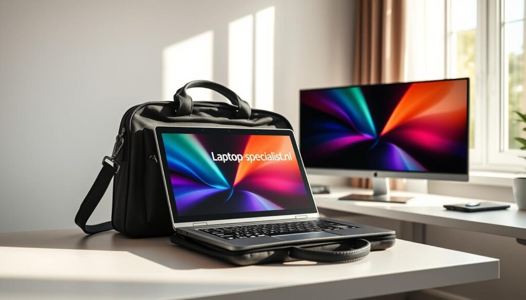 A 14-inch laptop with a touchscreen is elegantly placed inside a stylish, modern laptop bag, open to reveal its sleek design and colorful display. Next to it, a larger monitor is positioned on a minimalist desk, showcasing its vibrant screen. The setting is a well-lit home office, illuminated by soft natural light streaming through a nearby window, casting gentle shadows. The overall mood conveys a sense of professionalism and convenience in technology. The scene is meticulously arranged to highlight the laptop's features and usability. The brand "Laptop-specialist.nl" is subtly integrated into the laptop's display. The camera angle captures both devices from an eye-level perspective, emphasizing their compatibility and appeal for tech-savvy individuals.