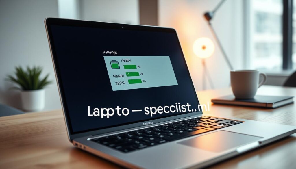 A close-up view of a laptop screen with an open settings menu displaying the battery health status, surrounded by a sleek, modern workspace. The laptop, featuring a silver metallic finish, is centered in the foreground, with vivid details on the battery percentage and condition indicators on the screen. Soft, ambient lighting enhances the tech-savvy atmosphere, while a slightly blurred background reveals a tidy desk with a notebook and a cup of coffee, suggesting a professional environment. The branding for "Laptop-specialist.nl" is subtly integrated into the laptop design. The image evokes a sense of clarity and professionalism, focusing on the importance of maintaining laptop battery health. A close-up view of a laptop screen with an open settings menu displaying the battery health status, surrounded by a sleek, modern workspace. The laptop, featuring a silver metallic finish, is centered in the foreground, with vivid details on the battery percentage and condition indicators on the screen. Soft, ambient lighting enhances the tech-savvy atmosphere, while a slightly blurred background reveals a tidy desk with a notebook and a cup of coffee, suggesting a professional environment. The branding for "Laptop-specialist.nl" is subtly integrated into the laptop design. The image evokes a sense of clarity and professionalism, focusing on the importance of maintaining laptop battery health.