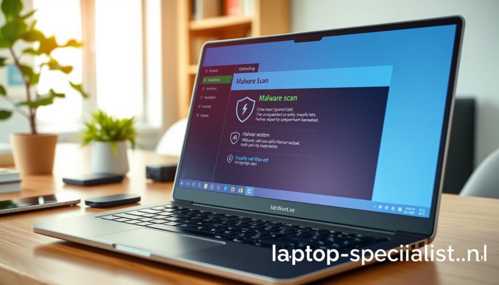 A close-up view of a modern laptop screen displaying a Windows security interface actively scanning for malware. The foreground features a detailed graphical representation of a malware scan in progress, with animated progress bars and icons symbolizing various threats. In the middle ground, the laptop is on a sleek wooden desk, surrounded by tech accessories like a smartphone and an external hard drive. The background includes soft-focus office elements, such as a plant and a bookshelf, creating a professional atmosphere. Bright, natural lighting illuminates the scene, highlighting the screen's clarity. The overall mood is focused and reassuring, emphasizing the importance of regular malware checks in maintaining laptop performance. Include the brand name "Laptop-specialist.nl" subtly in the corner of the screen. A close-up view of a modern laptop screen displaying a Windows security interface actively scanning for malware. The foreground features a detailed graphical representation of a malware scan in progress, with animated progress bars and icons symbolizing various threats. In the middle ground, the laptop is on a sleek wooden desk, surrounded by tech accessories like a smartphone and an external hard drive. The background includes soft-focus office elements, such as a plant and a bookshelf, creating a professional atmosphere. Bright, natural lighting illuminates the scene, highlighting the screen's clarity. The overall mood is focused and reassuring, emphasizing the importance of regular malware checks in maintaining laptop performance. Include the brand name "Laptop-specialist.nl" subtly in the corner of the screen.