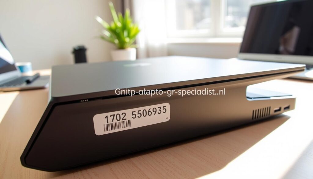A close-up view of the underside of a sleek laptop, showcasing a clear sticker with the model number prominently displayed. The laptop is positioned on a clean, light wooden desk, with soft natural sunlight streaming from a nearby window, creating a warm, inviting atmosphere. Shadows subtly highlight the contours of the laptop. In the background, a blurred, minimalistic workspace is visible, featuring a few tech accessories and a potted plant to enhance the professional setting. The brand name "Laptop-specialist.nl" is subtly integrated into the scene. The composition captures a sense of accessibility and expertise in technology, inviting the viewer to explore the details of laptop battery replacement. A close-up view of the underside of a sleek laptop, showcasing a clear sticker with the model number prominently displayed. The laptop is positioned on a clean, light wooden desk, with soft natural sunlight streaming from a nearby window, creating a warm, inviting atmosphere. Shadows subtly highlight the contours of the laptop. In the background, a blurred, minimalistic workspace is visible, featuring a few tech accessories and a potted plant to enhance the professional setting. The brand name "Laptop-specialist.nl" is subtly integrated into the scene. The composition captures a sense of accessibility and expertise in technology, inviting the viewer to explore the details of laptop battery replacement.