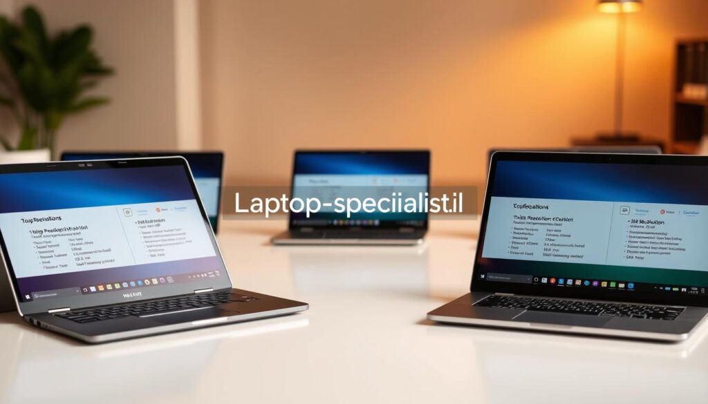A collection of sleek, modern touchscreen laptops displayed prominently on a clean, minimalist surface. The laptops feature distinct specifications banners showcasing their features, such as high resolution, RAM, and processor type. The background is softly blurred to keep the focus on the laptops while indicating a tech-oriented environment, perhaps with subtle hints of a digital workspace like cables or accessories. Warm, inviting lighting enhances the polished surfaces of the laptops, creating a professional yet approachable atmosphere. The brand name "Laptop-specialist.nl" is subtly integrated into the scene, ensuring visibility without overwhelming the overall image. The mood is informative and inviting, ideal for prospective buyers exploring touchscreen laptop offers.
