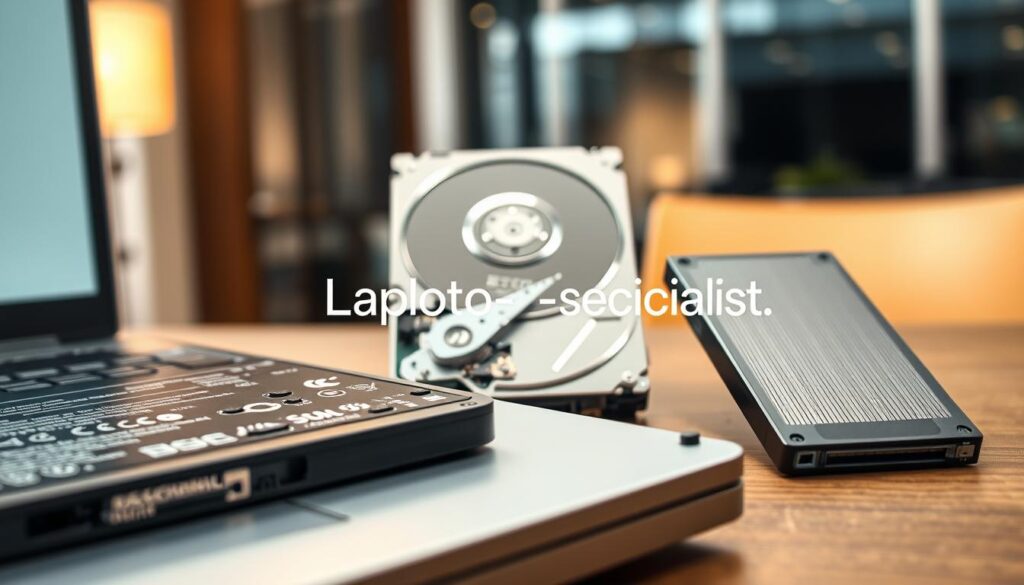 A detailed image of a laptop battery and a mechanical hard drive placed next to a sleek SSD, showcasing the differences in design and technology. In the foreground, highlight the laptop battery with intricate details, such as its connectors and specifications. In the middle ground, depict the mechanical hard drive with its reflective metal casing and visible internal components. Beside it, the SSD should have a streamlined, modern look, emphasizing its compact size. The background features a soft-focus office environment with warm lighting, creating a professional and inviting atmosphere. The composition should be shot from a slightly elevated angle to provide depth, with neutral colors to enhance the clarity of the components. The brand name "Laptop-specialist.nl" should be subtly integrated into the design, without being overpowering. A detailed image of a laptop battery and a mechanical hard drive placed next to a sleek SSD, showcasing the differences in design and technology. In the foreground, highlight the laptop battery with intricate details, such as its connectors and specifications. In the middle ground, depict the mechanical hard drive with its reflective metal casing and visible internal components. Beside it, the SSD should have a streamlined, modern look, emphasizing its compact size. The background features a soft-focus office environment with warm lighting, creating a professional and inviting atmosphere. The composition should be shot from a slightly elevated angle to provide depth, with neutral colors to enhance the clarity of the components. The brand name "Laptop-specialist.nl" should be subtly integrated into the design, without being overpowering.