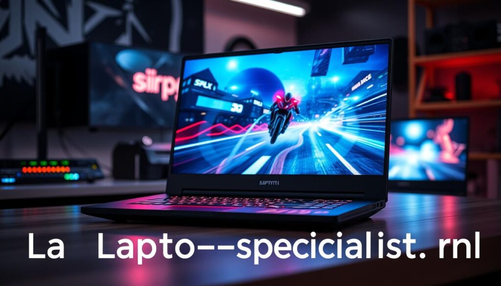 A high-performance gaming laptop prominently displayed with a vivid 15.6-inch screen showcasing a dynamic, high-resolution gaming scene. The laptop features intriguing SSD storage, emphasizing speed and efficiency in a sleek design, with glowing RGB keyboard lights illuminating the surroundings. Set against a blurred background of a modern gaming setup, including a stylish desk and ambient lighting that creates an immersive atmosphere. The lighting is dramatic, highlighting the laptop's details with soft reflections on its surface. The angle captures the laptop from a slightly elevated perspective, focusing on the screen while showcasing its impressive build quality. The branding "Laptop-specialist.nl" subtly integrated into the scene without any text overlays, ensuring a clean and professional visual. The mood is energetic, reflecting the excitement of gaming. A high-performance gaming laptop prominently displayed with a vivid 15.6-inch screen showcasing a dynamic, high-resolution gaming scene. The laptop features intriguing SSD storage, emphasizing speed and efficiency in a sleek design, with glowing RGB keyboard lights illuminating the surroundings. Set against a blurred background of a modern gaming setup, including a stylish desk and ambient lighting that creates an immersive atmosphere. The lighting is dramatic, highlighting the laptop's details with soft reflections on its surface. The angle captures the laptop from a slightly elevated perspective, focusing on the screen while showcasing its impressive build quality. The branding "Laptop-specialist.nl" subtly integrated into the scene without any text overlays, ensuring a clean and professional visual. The mood is energetic, reflecting the excitement of gaming.