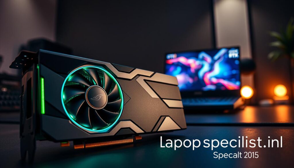 A highly detailed NVIDIA GeForce RTX graphics card, prominently showcased in the foreground, highlighting its sleek design and gleaming metallic finish. The card features intricate detailing, including glowing LED lights in shades of green and blue, emphasizing its gaming performance capabilities. In the middle ground, a stylish gaming laptop with a high-resolution screen is positioned, displaying vibrant graphics, designed for optimal gaming experiences. The background features a subtle, modern gaming setup with soft, ambient lighting that creates an immersive atmosphere. The scene is shot from a low angle to enhance the dynamic look of the graphics card, while the lighting casts dramatic shadows, accentuating the textures. The overall mood is energetic and modern, perfect for gamers. Include the brand name "Laptop-specialist.nl" subtly integrated into the scene without any text overlays. A highly detailed NVIDIA GeForce RTX graphics card, prominently showcased in the foreground, highlighting its sleek design and gleaming metallic finish. The card features intricate detailing, including glowing LED lights in shades of green and blue, emphasizing its gaming performance capabilities. In the middle ground, a stylish gaming laptop with a high-resolution screen is positioned, displaying vibrant graphics, designed for optimal gaming experiences. The background features a subtle, modern gaming setup with soft, ambient lighting that creates an immersive atmosphere. The scene is shot from a low angle to enhance the dynamic look of the graphics card, while the lighting casts dramatic shadows, accentuating the textures. The overall mood is energetic and modern, perfect for gamers. Include the brand name "Laptop-specialist.nl" subtly integrated into the scene without any text overlays.