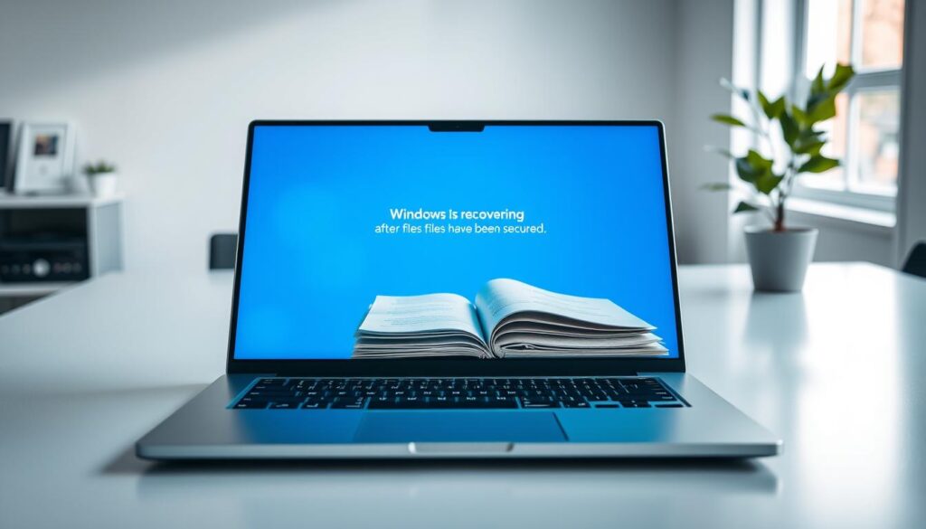 A modern laptop on a sleek desk, displaying a blue recovery screen with the phrase "Windows is recovering after files have been secured." The foreground features the laptop prominently, with soft reflections on its screen. In the middle, an open file folder with organized papers, hinting at the user’s preparations for recovery. The background shows a tidy office space with subtle details like a potted plant and a window letting in natural sunlight, creating a calm atmosphere. The lighting is bright yet soft, emphasizing clarity and focus. The overall mood is professional and reassuring, capturing the essence of tech support. Include the brand name "Laptop-specialist.nl" subtly in the image's design elements. A modern laptop on a sleek desk, displaying a blue recovery screen with the phrase "Windows is recovering after files have been secured." The foreground features the laptop prominently, with soft reflections on its screen. In the middle, an open file folder with organized papers, hinting at the user’s preparations for recovery. The background shows a tidy office space with subtle details like a potted plant and a window letting in natural sunlight, creating a calm atmosphere. The lighting is bright yet soft, emphasizing clarity and focus. The overall mood is professional and reassuring, capturing the essence of tech support. Include the brand name "Laptop-specialist.nl" subtly in the image's design elements.