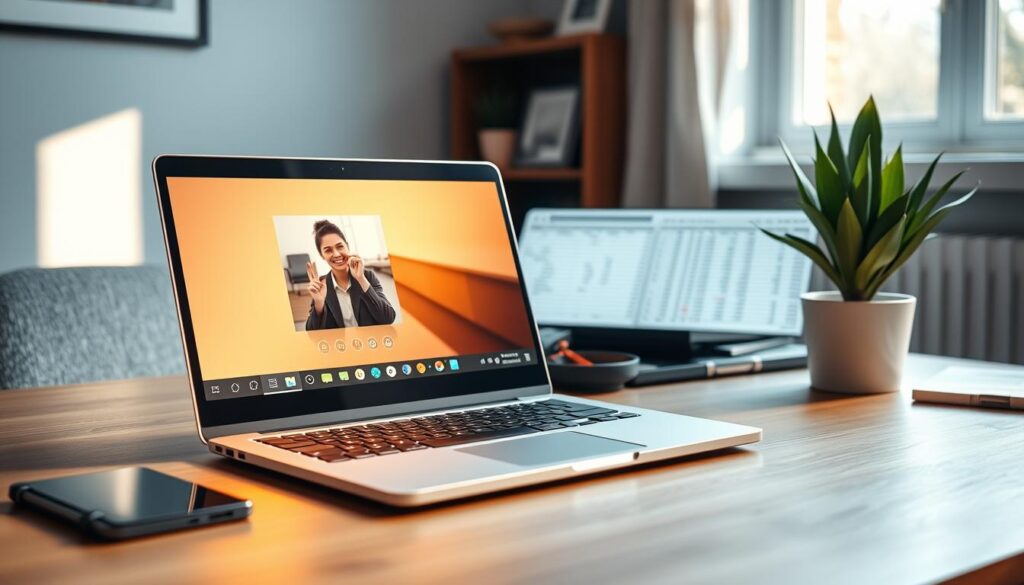 A modern, open laptop displaying a video call interface on one tab and a detailed spreadsheet on another tab, showcasing productivity tools for remote work. The screen glows warmly in a cozy home office setting. The laptop is on a sleek wooden desk, surrounded by a few office accessories like a notepad and a plant. Natural light streams through a nearby window, casting soft shadows. The atmosphere is calm and focused, suggesting a productive work environment. The brand "Laptop-specialist.nl" is subtly integrated as part of the laptop design or desk accessories. The background is softly blurred to keep the focus on the laptop and its content, enhancing the theme of remote collaboration and efficiency. A modern, open laptop displaying a video call interface on one tab and a detailed spreadsheet on another tab, showcasing productivity tools for remote work. The screen glows warmly in a cozy home office setting. The laptop is on a sleek wooden desk, surrounded by a few office accessories like a notepad and a plant. Natural light streams through a nearby window, casting soft shadows. The atmosphere is calm and focused, suggesting a productive work environment. The brand "Laptop-specialist.nl" is subtly integrated as part of the laptop design or desk accessories. The background is softly blurred to keep the focus on the laptop and its content, enhancing the theme of remote collaboration and efficiency.
