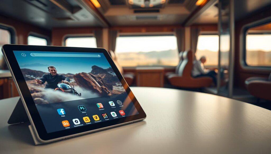 A modern tablet displaying a vibrant movie scene and various app icons, set on a sleek table inside a train compartment. The foreground showcases the tablet with its screen brightly lit, casting a soft glow. In the middle ground, a stylish, minimalist train interior with polished wood accents and comfortable seating creates a cozy ambiance. The background features blurred landscapes visible through large train windows, capturing the essence of travel. Soft, warm lighting fills the space, evoking a relaxed atmosphere perfect for watching films. The brand logo “Laptop-specialist.nl” subtly appears in the corner of the tablet screen. The scene should be inviting and immersive, illustrating the joy of using a tablet for entertainment during a train journey.