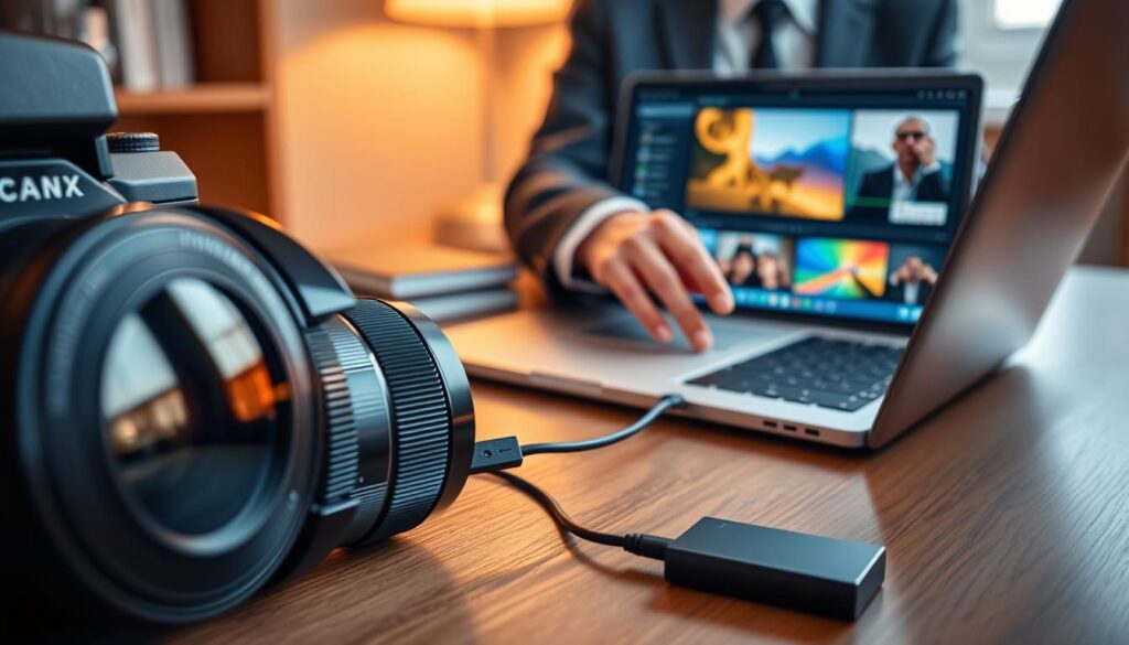 A modern workstation showcasing a high-quality camera connecting to a laptop via a USB-C card reader. The foreground features the camera, sleek and professional, with intricate details of its lens reflecting soft light. Next to it, the compact card reader is plugged into a thin, stylish laptop, which displays a vibrant interface for photo editing. In the middle ground, a pair of hands in professional business attire gently manipulate the laptop, emphasizing a focused and creative atmosphere. The background is softly blurred, revealing a well-organized desk with photography books and an elegant lamp casting warm light, enhancing the mood of creativity and professional work. The overall composition is bright and inviting, with an emphasis on technology and artistry. A modern workstation showcasing a high-quality camera connecting to a laptop via a USB-C card reader. The foreground features the camera, sleek and professional, with intricate details of its lens reflecting soft light. Next to it, the compact card reader is plugged into a thin, stylish laptop, which displays a vibrant interface for photo editing. In the middle ground, a pair of hands in professional business attire gently manipulate the laptop, emphasizing a focused and creative atmosphere. The background is softly blurred, revealing a well-organized desk with photography books and an elegant lamp casting warm light, enhancing the mood of creativity and professional work. The overall composition is bright and inviting, with an emphasis on technology and artistry.