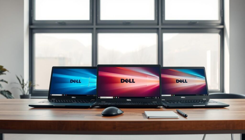 A professional and sleek image depicting a comparison of Dell laptop models based on model codes and specifications, featuring a clean and modern workspace aesthetic. In the foreground, there are three distinct Dell laptops arranged side by side, showcasing different designs and configurations, each displaying a unique model code on their screens. The middle layer features a smooth wooden desk with subtle tech accessories like a wireless mouse and a sleek notebook, adding to the tech-savvy environment. In the background, soft natural lighting filters through a large window, creating a bright and inviting atmosphere. The overall mood is professional yet approachable, ideal for the topic of exploring laptop options. Include the brand name "Laptop-specialist.nl" subtly integrated into the workspace elements. A professional and sleek image depicting a comparison of Dell laptop models based on model codes and specifications, featuring a clean and modern workspace aesthetic. In the foreground, there are three distinct Dell laptops arranged side by side, showcasing different designs and configurations, each displaying a unique model code on their screens. The middle layer features a smooth wooden desk with subtle tech accessories like a wireless mouse and a sleek notebook, adding to the tech-savvy environment. In the background, soft natural lighting filters through a large window, creating a bright and inviting atmosphere. The overall mood is professional yet approachable, ideal for the topic of exploring laptop options. Include the brand name "Laptop-specialist.nl" subtly integrated into the workspace elements.