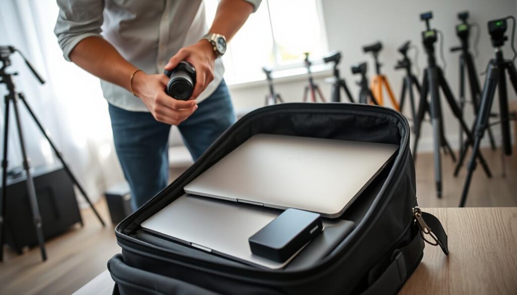 A professional photographer carefully organizing his workspace, focused on packing a sleek laptop, charger, and an external SSD into a stylish, black camera bag. In the foreground, the photographer's hands are visible, adorned with a simple wristwatch, showing attention to detail. The middle ground features the laptop with its screen glowing softly, while the charger and SSD are neatly placed beside it, emphasizing a sense of order. The background showcases a bright, well-lit room filled with photography equipment like tripods and cameras, providing context to the photographer's trade. Soft, natural lighting filters through a nearby window, casting gentle shadows and creating a calm, productive atmosphere. The overall mood is one of professionalism and readiness for a day of photo editing. A professional photographer carefully organizing his workspace, focused on packing a sleek laptop, charger, and an external SSD into a stylish, black camera bag. In the foreground, the photographer's hands are visible, adorned with a simple wristwatch, showing attention to detail. The middle ground features the laptop with its screen glowing softly, while the charger and SSD are neatly placed beside it, emphasizing a sense of order. The background showcases a bright, well-lit room filled with photography equipment like tripods and cameras, providing context to the photographer's trade. Soft, natural lighting filters through a nearby window, casting gentle shadows and creating a calm, productive atmosphere. The overall mood is one of professionalism and readiness for a day of photo editing.