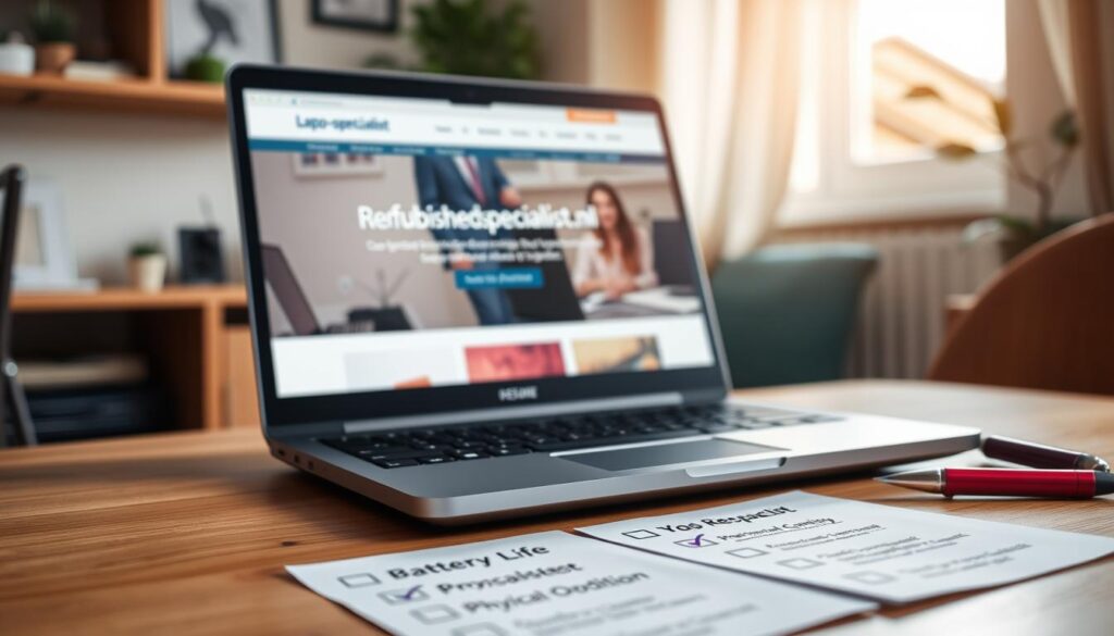 A refurbished laptop placed prominently on a wooden desk, surrounded by a checklist for purchase evaluation. The checklist, slightly crumpled, includes criteria such as "Battery Life," "Physical Condition," and "Warranty Options," all written neatly in bullet points. The background features a cozy home office setup with soft natural lighting streaming through a nearby window, creating a warm, inviting atmosphere. The laptop screen showcases a stylish homepage of Laptop-specialist.nl, emphasizing quality. The camera angle is slightly above eye level, focusing on the laptop and checklist, while the background blurs gently, drawing attention to the foreground elements. The mood is professional yet approachable, perfect for illustrating informed choices for laptop longevity. A refurbished laptop placed prominently on a wooden desk, surrounded by a checklist for purchase evaluation. The checklist, slightly crumpled, includes criteria such as "Battery Life," "Physical Condition," and "Warranty Options," all written neatly in bullet points. The background features a cozy home office setup with soft natural lighting streaming through a nearby window, creating a warm, inviting atmosphere. The laptop screen showcases a stylish homepage of Laptop-specialist.nl, emphasizing quality. The camera angle is slightly above eye level, focusing on the laptop and checklist, while the background blurs gently, drawing attention to the foreground elements. The mood is professional yet approachable, perfect for illustrating informed choices for laptop longevity.