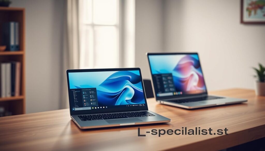A sleek 14-inch laptop positioned next to a larger 17-inch laptop on a clean, modern wooden desk, demonstrating a direct comparison. The 14-inch laptop is open, displaying a vibrant screen with a graphical user interface, while the larger laptop's screen shows a similar interface, allowing easy visual comparison. The lighting is soft and diffuse, coming from a nearby window, creating a calm and inviting atmosphere. The background features a blurred home office setting, with a few books and a small plant to add depth. The overall mood is professional yet relaxed, showcasing the practicality of both laptop sizes for potential buyers. Include the logo or branding of "Laptop-specialist.nl" subtly on the desk surface, ensuring it enhances the image without overwhelming it. A sleek 14-inch laptop positioned next to a larger 17-inch laptop on a clean, modern wooden desk, demonstrating a direct comparison. The 14-inch laptop is open, displaying a vibrant screen with a graphical user interface, while the larger laptop's screen shows a similar interface, allowing easy visual comparison. The lighting is soft and diffuse, coming from a nearby window, creating a calm and inviting atmosphere. The background features a blurred home office setting, with a few books and a small plant to add depth. The overall mood is professional yet relaxed, showcasing the practicality of both laptop sizes for potential buyers. Include the logo or branding of "Laptop-specialist.nl" subtly on the desk surface, ensuring it enhances the image without overwhelming it.