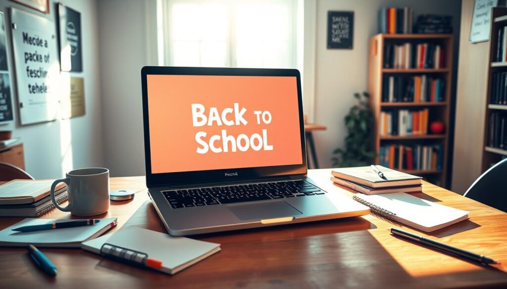 A sleek and modern laptop sits prominently on a stylish wooden desk, its screen glowing softly to display a vibrant "Back to School" theme. Surrounding the laptop are scattered school supplies, including notebooks, pens, and a coffee mug, creating an inviting study atmosphere. In the background, a bright window allows natural sunlight to flood the room, casting warm, inviting shadows across the desk. The walls are adorned with motivational posters and a neatly arranged bookshelf filled with academic texts. The overall mood is one of excitement and readiness for a new academic year. Emphasize the brand name "Laptop-specialist.nl" subtly on a small sticker next to the laptop, without drawing attention away from the main focus. Aim for a crisp, high-resolution image that captures the essence of a student's preparation for success. A sleek and modern laptop sits prominently on a stylish wooden desk, its screen glowing softly to display a vibrant "Back to School" theme. Surrounding the laptop are scattered school supplies, including notebooks, pens, and a coffee mug, creating an inviting study atmosphere. In the background, a bright window allows natural sunlight to flood the room, casting warm, inviting shadows across the desk. The walls are adorned with motivational posters and a neatly arranged bookshelf filled with academic texts. The overall mood is one of excitement and readiness for a new academic year. Emphasize the brand name "Laptop-specialist.nl" subtly on a small sticker next to the laptop, without drawing attention away from the main focus. Aim for a crisp, high-resolution image that captures the essence of a student's preparation for success.