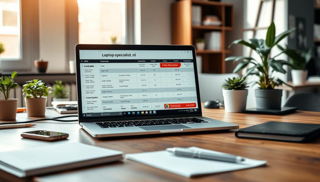 A sleek and modern workspace with a wooden desk showcasing a high-resolution laptop screen displaying a comparison of laptop specifications and offers. The foreground features a clear, vibrant laptop screen with detailed graphs, tables, and highlighted offers reflecting the brand "Laptop-specialist.nl." In the middle ground, scattered accessories like a smartphone, notebook, and a stylish pen add depth to the scene. The background includes soft-focus office elements, such as plants and a well-organized bookshelf, creating an inviting atmosphere. Natural light filters through a window, casting a warm glow over the setup, enhancing the focus on the laptop and its screen. The overall mood is professional and focused, ideal for illustrating tech-savvy decision-making. A sleek and modern workspace with a wooden desk showcasing a high-resolution laptop screen displaying a comparison of laptop specifications and offers. The foreground features a clear, vibrant laptop screen with detailed graphs, tables, and highlighted offers reflecting the brand "Laptop-specialist.nl." In the middle ground, scattered accessories like a smartphone, notebook, and a stylish pen add depth to the scene. The background includes soft-focus office elements, such as plants and a well-organized bookshelf, creating an inviting atmosphere. Natural light filters through a window, casting a warm glow over the setup, enhancing the focus on the laptop and its screen. The overall mood is professional and focused, ideal for illustrating tech-savvy decision-making.