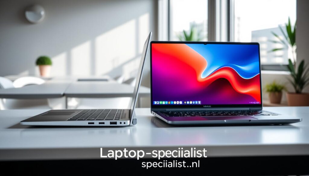 A sleek comparison of two modern laptops showcased on a clean, stylish desk. The laptops, one silver and one matte black, are open side by side, displaying their vibrant screens with different connection ports highlighted, such as USB-C, HDMI, and headphone jacks. Soft, diffused natural light streams in from a nearby window, creating a bright and inviting atmosphere. The background features a muted, blurred office environment with a few potted plants for a touch of warmth. The logo "Laptop-specialist.nl" is subtly integrated into the design elements of the desk. Emphasize a professional, tech-savvy mood, focusing on clarity and a harmonious color scheme to enhance the laptops' features. A sleek comparison of two modern laptops showcased on a clean, stylish desk. The laptops, one silver and one matte black, are open side by side, displaying their vibrant screens with different connection ports highlighted, such as USB-C, HDMI, and headphone jacks. Soft, diffused natural light streams in from a nearby window, creating a bright and inviting atmosphere. The background features a muted, blurred office environment with a few potted plants for a touch of warmth. The logo "Laptop-specialist.nl" is subtly integrated into the design elements of the desk. Emphasize a professional, tech-savvy mood, focusing on clarity and a harmonious color scheme to enhance the laptops' features.