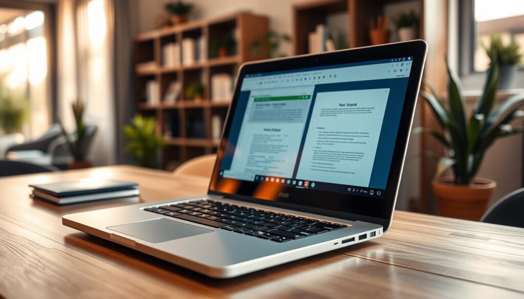 A sleek laptop with a polished silver finish sits on a stylish wooden desk, its keyboard illuminated softly by warm ambient lighting. The screen displays an open spreadsheet and a word processing document, showcasing productivity in action. In the background, a modern office space is subtly suggested with blurred bookshelves and houseplants, enhancing the professional atmosphere. Soft sunlight filters in through a nearby window, casting gentle shadows that create an inviting mood. The focus is sharp on the laptop, while the background is softly blurred, emphasizing the device's sleek design and functionality. No people are present, and the image is unencumbered by text or logos, aside from a discreet reflection of "Laptop-specialist.nl" on the laptop screen. A sleek laptop with a polished silver finish sits on a stylish wooden desk, its keyboard illuminated softly by warm ambient lighting. The screen displays an open spreadsheet and a word processing document, showcasing productivity in action. In the background, a modern office space is subtly suggested with blurred bookshelves and houseplants, enhancing the professional atmosphere. Soft sunlight filters in through a nearby window, casting gentle shadows that create an inviting mood. The focus is sharp on the laptop, while the background is softly blurred, emphasizing the device's sleek design and functionality. No people are present, and the image is unencumbered by text or logos, aside from a discreet reflection of "Laptop-specialist.nl" on the laptop screen.