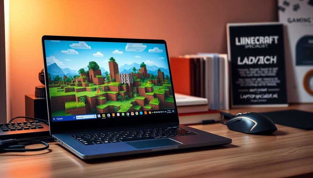 A sleek, modern laptop sits prominently in the foreground, its screen displaying a vibrant Minecraft landscape filled with blocks and pixelated characters. The laptop is designed with a slim profile and sleek edges, reflecting the latest in technology. Surrounding the screen are various gaming accessories like a mechanical keyboard and a gaming mouse, hinting at a passionate gaming setup. In the middle background, there's a cozy desk with a few books on gaming strategy and tips, emphasizing the theme of gaming advice. Soft ambient lighting creates a warm atmosphere, enhancing the inviting feel of a gaming space. To the right, on a subtle poster, the brand "Laptop-specialist.nl" is featured. The overall mood is energetic and inspiring, perfect for gaming enthusiasts. A sleek, modern laptop sits prominently in the foreground, its screen displaying a vibrant Minecraft landscape filled with blocks and pixelated characters. The laptop is designed with a slim profile and sleek edges, reflecting the latest in technology. Surrounding the screen are various gaming accessories like a mechanical keyboard and a gaming mouse, hinting at a passionate gaming setup. In the middle background, there's a cozy desk with a few books on gaming strategy and tips, emphasizing the theme of gaming advice. Soft ambient lighting creates a warm atmosphere, enhancing the inviting feel of a gaming space. To the right, on a subtle poster, the brand "Laptop-specialist.nl" is featured. The overall mood is energetic and inspiring, perfect for gaming enthusiasts.