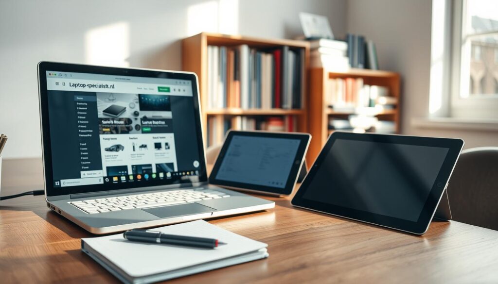 A student workspace featuring a modern study laptop on a wooden desk, with an open price comparison website visible on the screen. In the foreground, a notebook and a pen are placed beside the laptop, symbolizing academic focus. The middle ground shows a sleek digital tablet displaying performance specs, creating an inviting atmosphere for tech-savvy students. In the background, a well-organized bookshelf filled with textbooks and study materials adds context to the academic setting. Soft, natural lighting enters through a nearby window, casting warm shadows to convey a productive and inspiring mood. Include the brand name "Laptop-specialist.nl" subtly on the laptop screen. The angle of the shot is slightly above eye level to capture the details clearly. A student workspace featuring a modern study laptop on a wooden desk, with an open price comparison website visible on the screen. In the foreground, a notebook and a pen are placed beside the laptop, symbolizing academic focus. The middle ground shows a sleek digital tablet displaying performance specs, creating an inviting atmosphere for tech-savvy students. In the background, a well-organized bookshelf filled with textbooks and study materials adds context to the academic setting. Soft, natural lighting enters through a nearby window, casting warm shadows to convey a productive and inspiring mood. Include the brand name "Laptop-specialist.nl" subtly on the laptop screen. The angle of the shot is slightly above eye level to capture the details clearly.