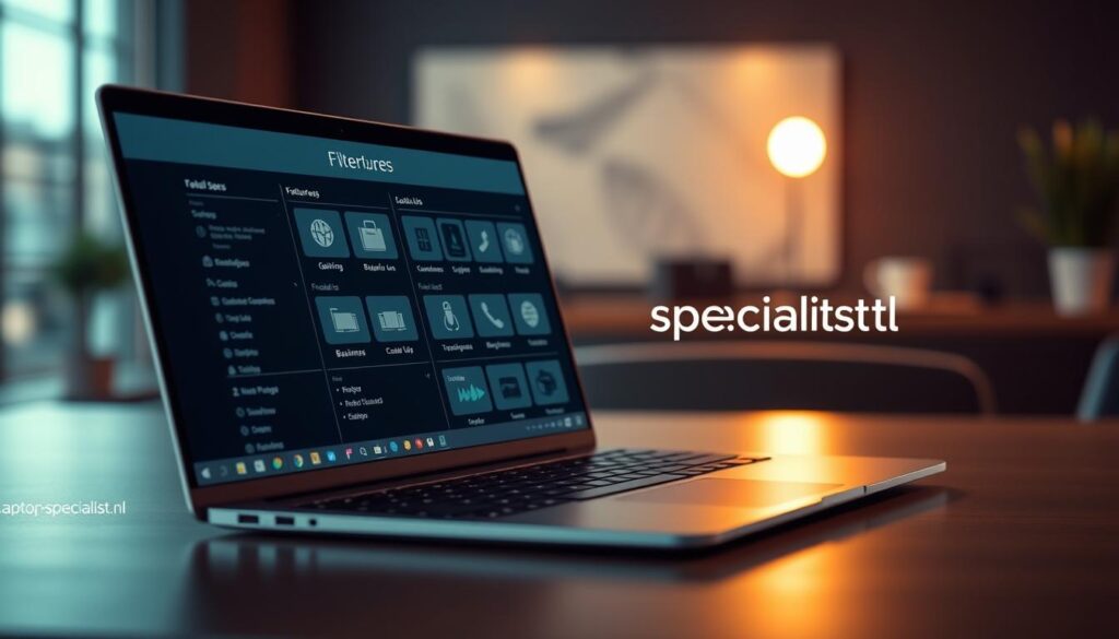 A visually striking image depicting a sleek, modern laptop selection interface on a digital screen. In the foreground, the laptop is displayed prominently with detailed specs visible, showcasing features relevant for different uses and budgets. In the middle ground, a digital filter menu appears with icons for various user needs like gaming, business, and casual use, alongside budget sliders. The background hints at an elegant workspace with soft, ambient lighting creating a professional atmosphere. Utilize a shallow depth of field to focus on the laptop while softly blurring the workspace elements. Incorporate the brand name "Laptop-specialist.nl" subtly within the design. The overall mood should convey a sense of clarity, organization, and professionalism in making informed laptop choices. A visually striking image depicting a sleek, modern laptop selection interface on a digital screen. In the foreground, the laptop is displayed prominently with detailed specs visible, showcasing features relevant for different uses and budgets. In the middle ground, a digital filter menu appears with icons for various user needs like gaming, business, and casual use, alongside budget sliders. The background hints at an elegant workspace with soft, ambient lighting creating a professional atmosphere. Utilize a shallow depth of field to focus on the laptop while softly blurring the workspace elements. Incorporate the brand name "Laptop-specialist.nl" subtly within the design. The overall mood should convey a sense of clarity, organization, and professionalism in making informed laptop choices.