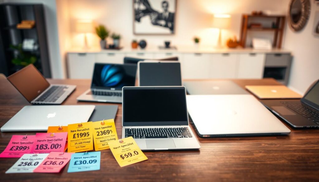 A well-organized tabletop displaying price tags for both new and refurbished laptops from Laptop-specialist.nl. In the foreground, there are several colorful price tags in vibrant hues, showcasing diverse price points and categories for laptops. The middle ground features a sleek variety of laptops, including modern ultrabooks and classic models, all presented with their screens closed, emphasizing their polished designs. The background includes a soft-focus view of a contemporary office setting with minimalistic decor and warm lighting, creating a professional and inviting atmosphere. The scene is captured with a slight overhead angle, enhancing the depth and providing an appealing layout, ideal for showcasing deals and inviting home office setups. A well-organized tabletop displaying price tags for both new and refurbished laptops from Laptop-specialist.nl. In the foreground, there are several colorful price tags in vibrant hues, showcasing diverse price points and categories for laptops. The middle ground features a sleek variety of laptops, including modern ultrabooks and classic models, all presented with their screens closed, emphasizing their polished designs. The background includes a soft-focus view of a contemporary office setting with minimalistic decor and warm lighting, creating a professional and inviting atmosphere. The scene is captured with a slight overhead angle, enhancing the depth and providing an appealing layout, ideal for showcasing deals and inviting home office setups.