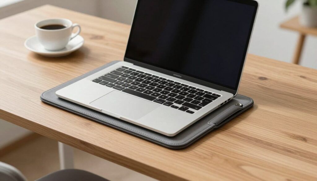 Beschermde studenten laptop in een stevige hoes op een bureau