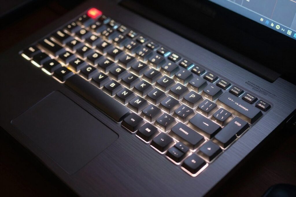 Bovenaanzicht van het verlichte toetsenbord van een gaming laptop