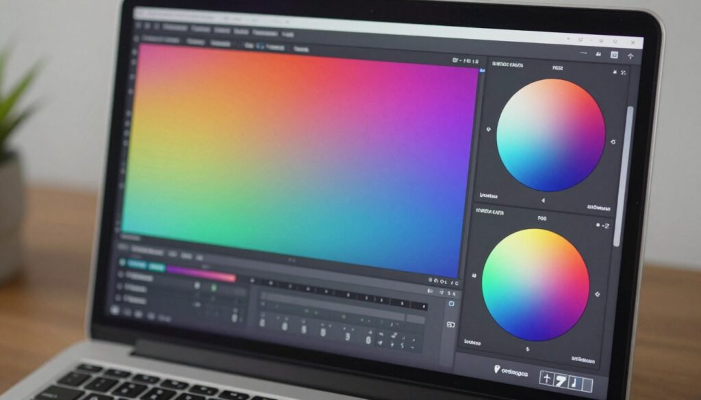 Close-up van een beeldscherm met kleurencirkels en kleurschakeringen voor digitaal ontwerp
