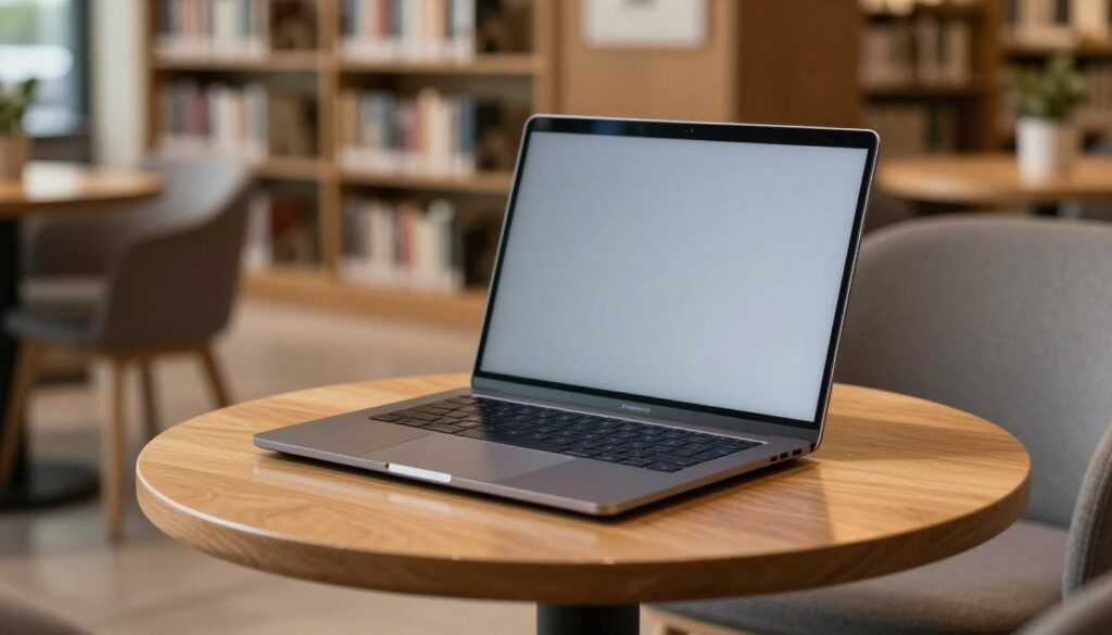 Compacte moderne laptop geopend naast een kopje koffie op een leestafel