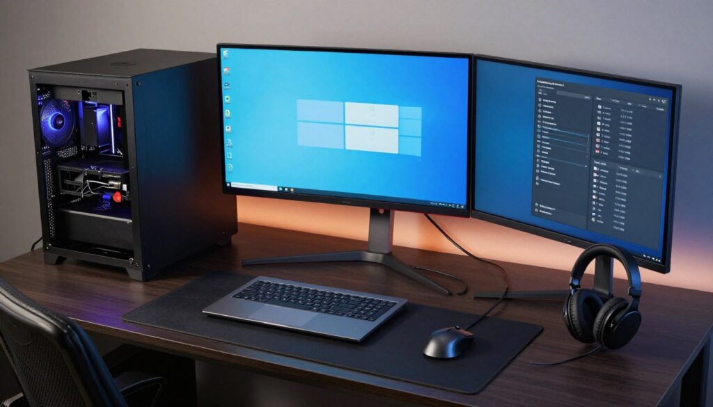 Complete gaming opstelling met externe monitor en mechanisch toetsenbord