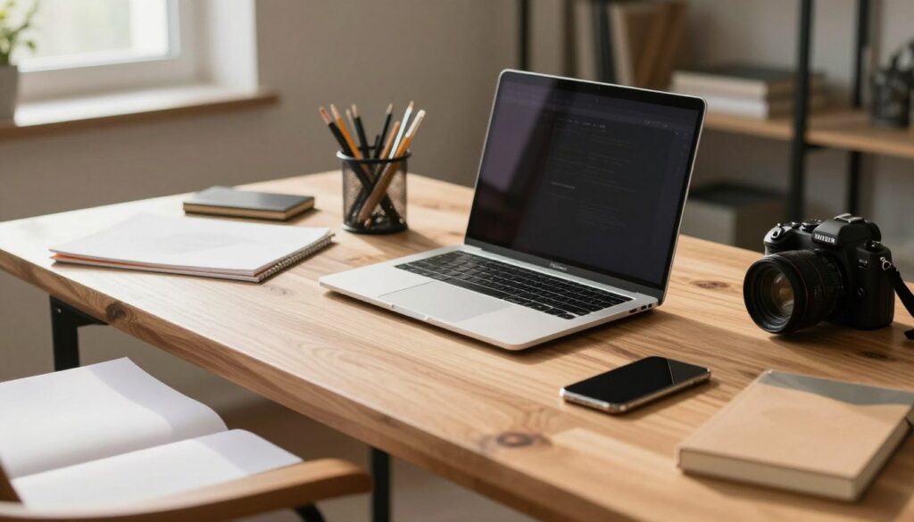 Creatieve werkplek met een MacBook Pro aangesloten op een externe monitor