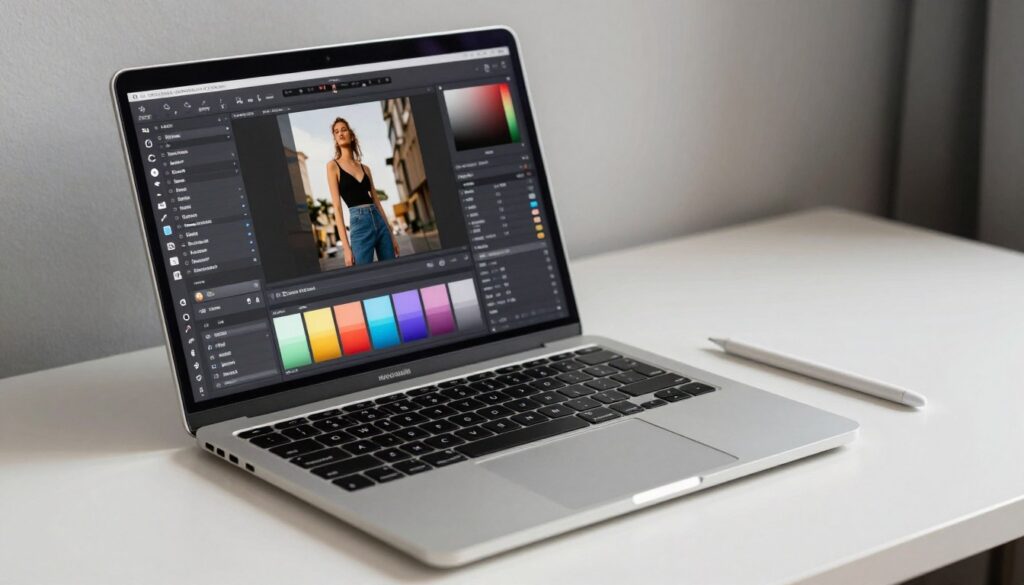 Creatieve werkplek met een laptop waarop beeldbewerking zichtbaar is