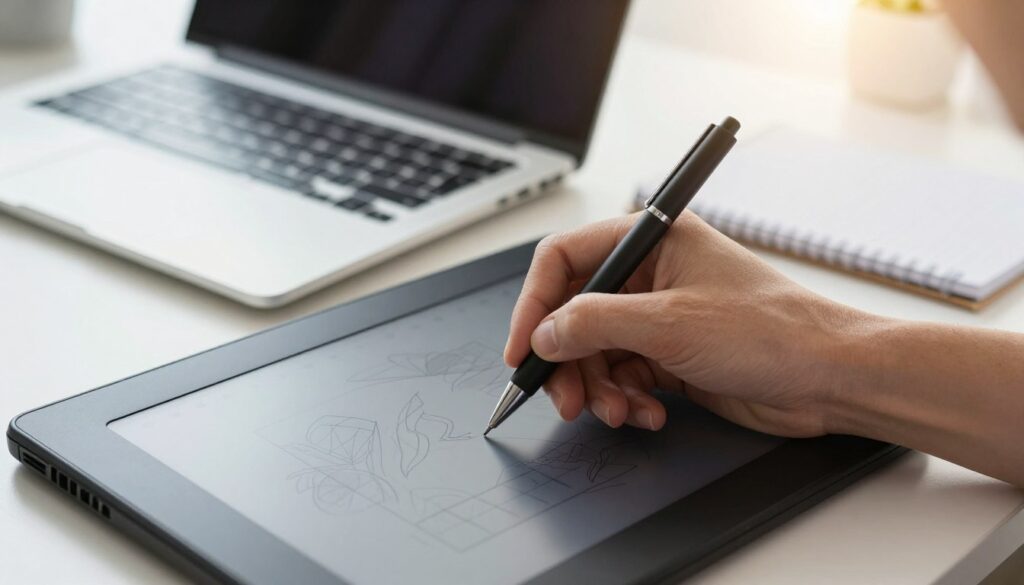 Detailopname van een ontwerper die werkt met een precisie-invoerapparaat naast een laptop