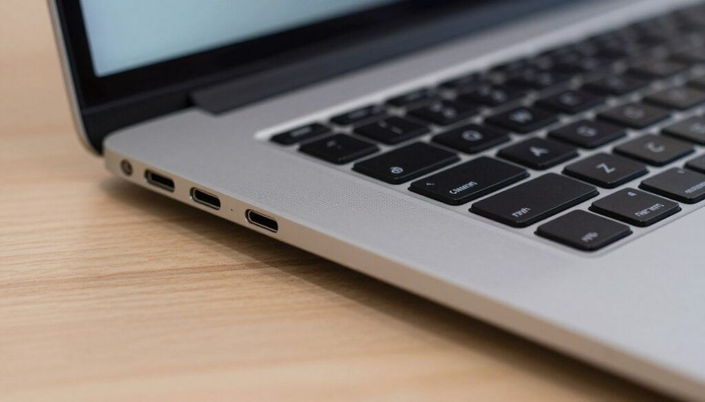 Detailopname van het toetsenbord en poorten van een moderne laptop
