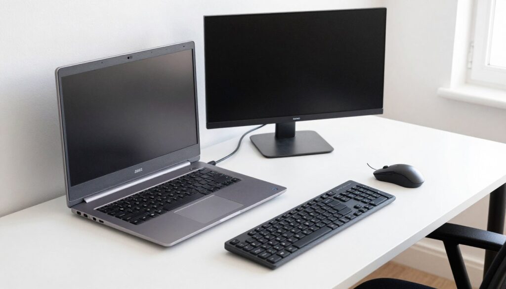 Ergonomische studieplek met externe monitor en toetsenbord