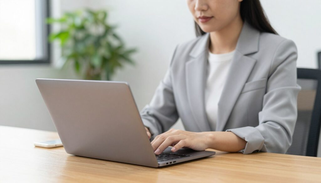 Gebruiker typt op een slanke laptop in een modern kantoor