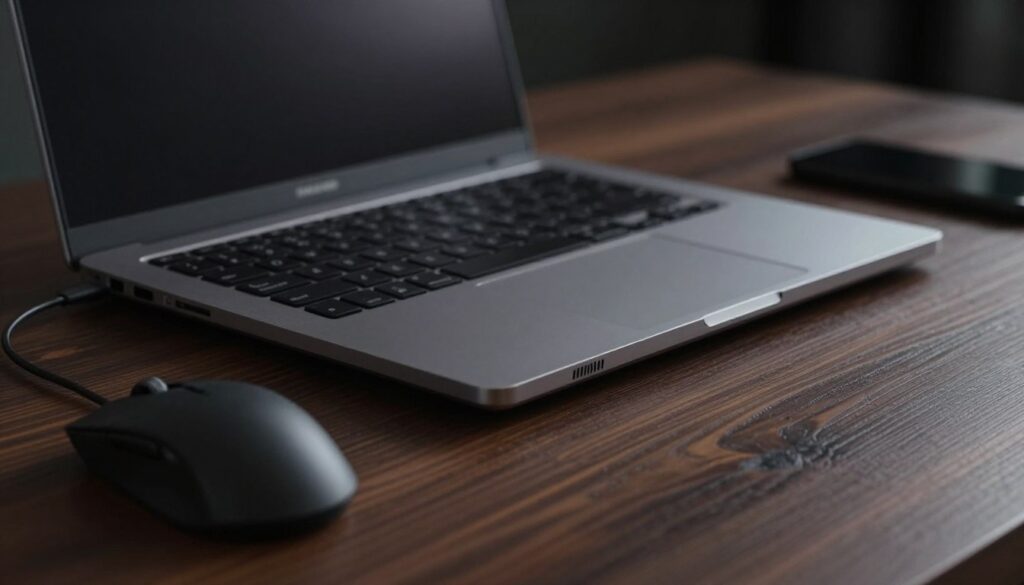 Krachtige laptop op een bureau met sfeervolle achtergrondverlichting
