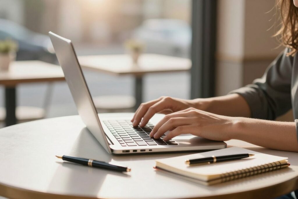 Persoon die aantekeningen maakt naast een compacte laptop