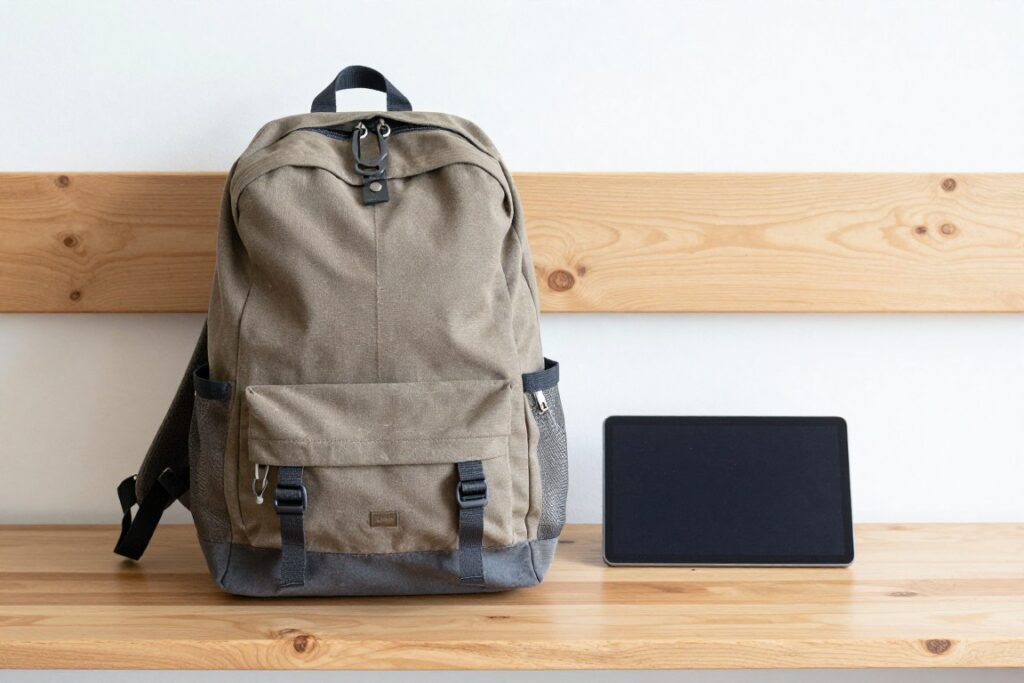 Rugzak en laptop klaar voor vertrek op een houten bank