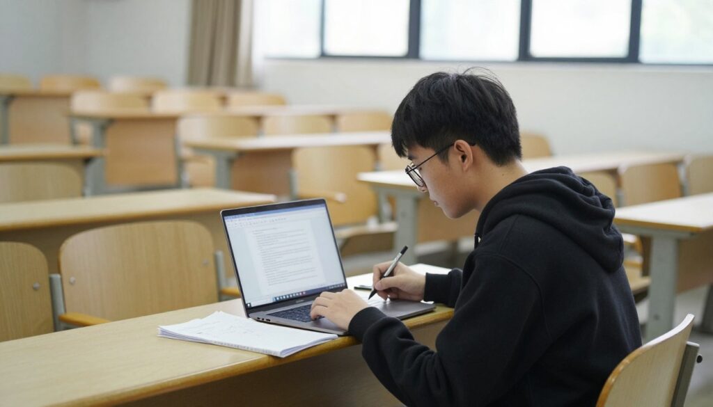 Student werkend op een laptop in een lichte collegezaal