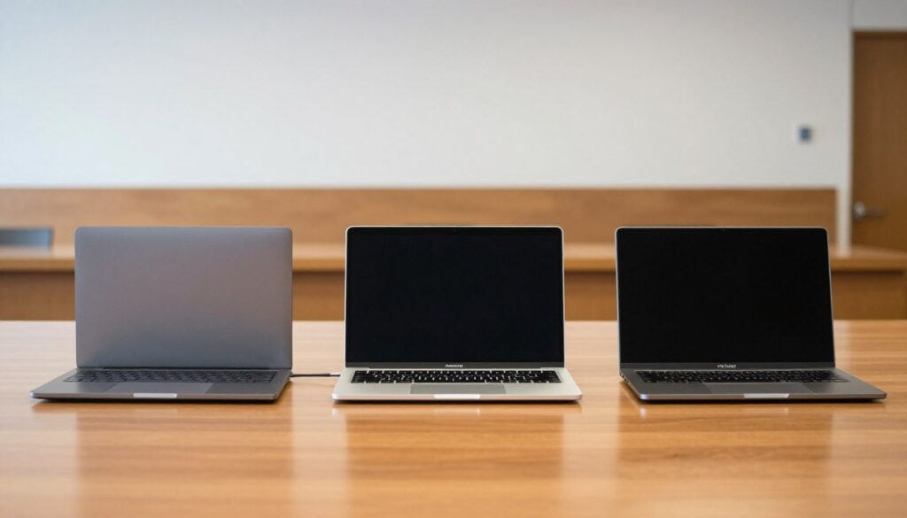 Verschillende laptopmodellen geopend naast elkaar op een studietafel