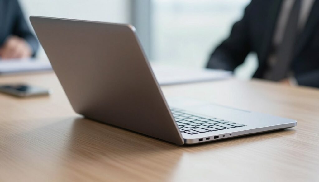 Zijaanzicht van een slanke laptopbehuizing met stevig scharnier op een tafel